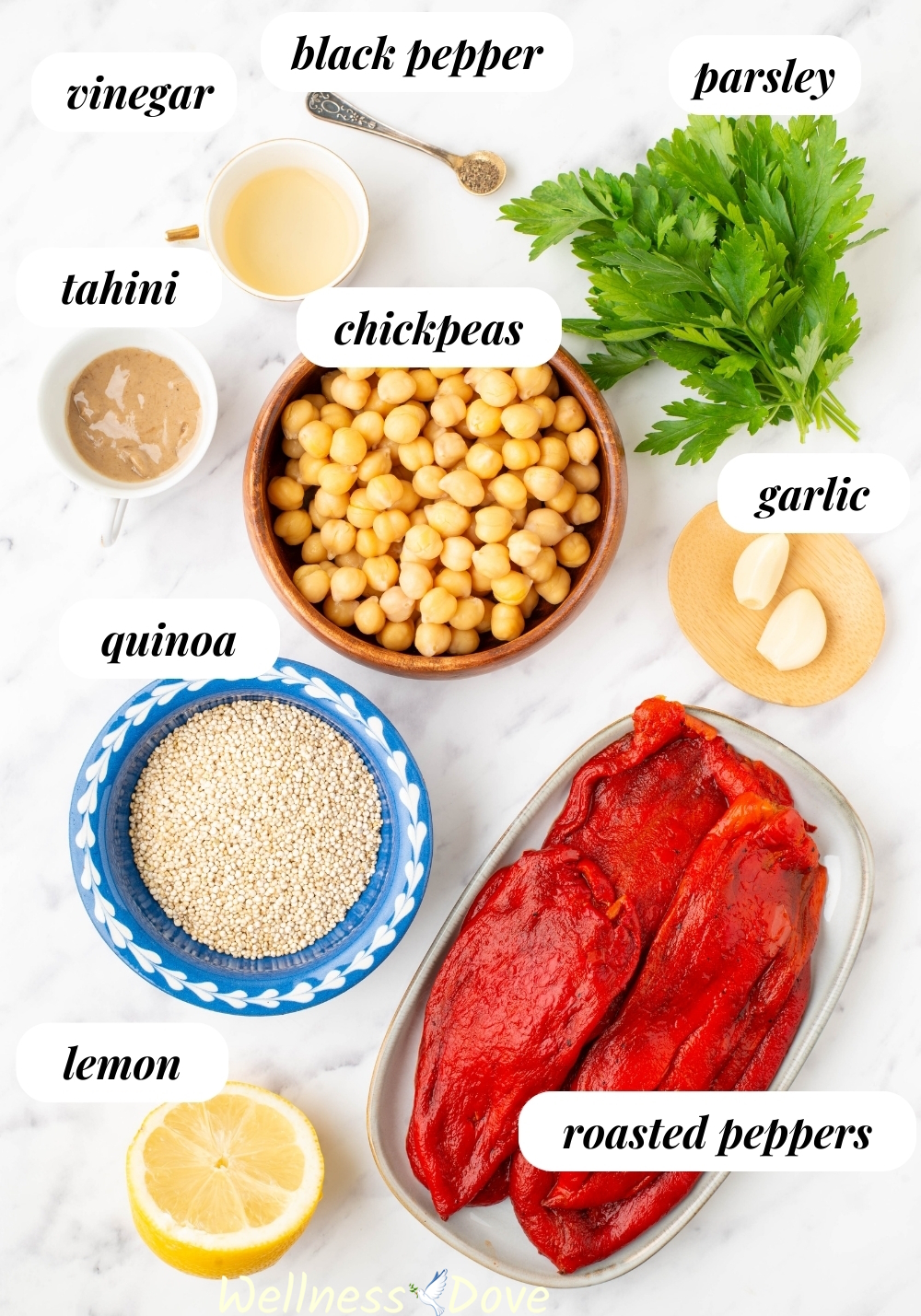 the ingredients for the Roasted Peppers Quinoa Salad with Chickpeas