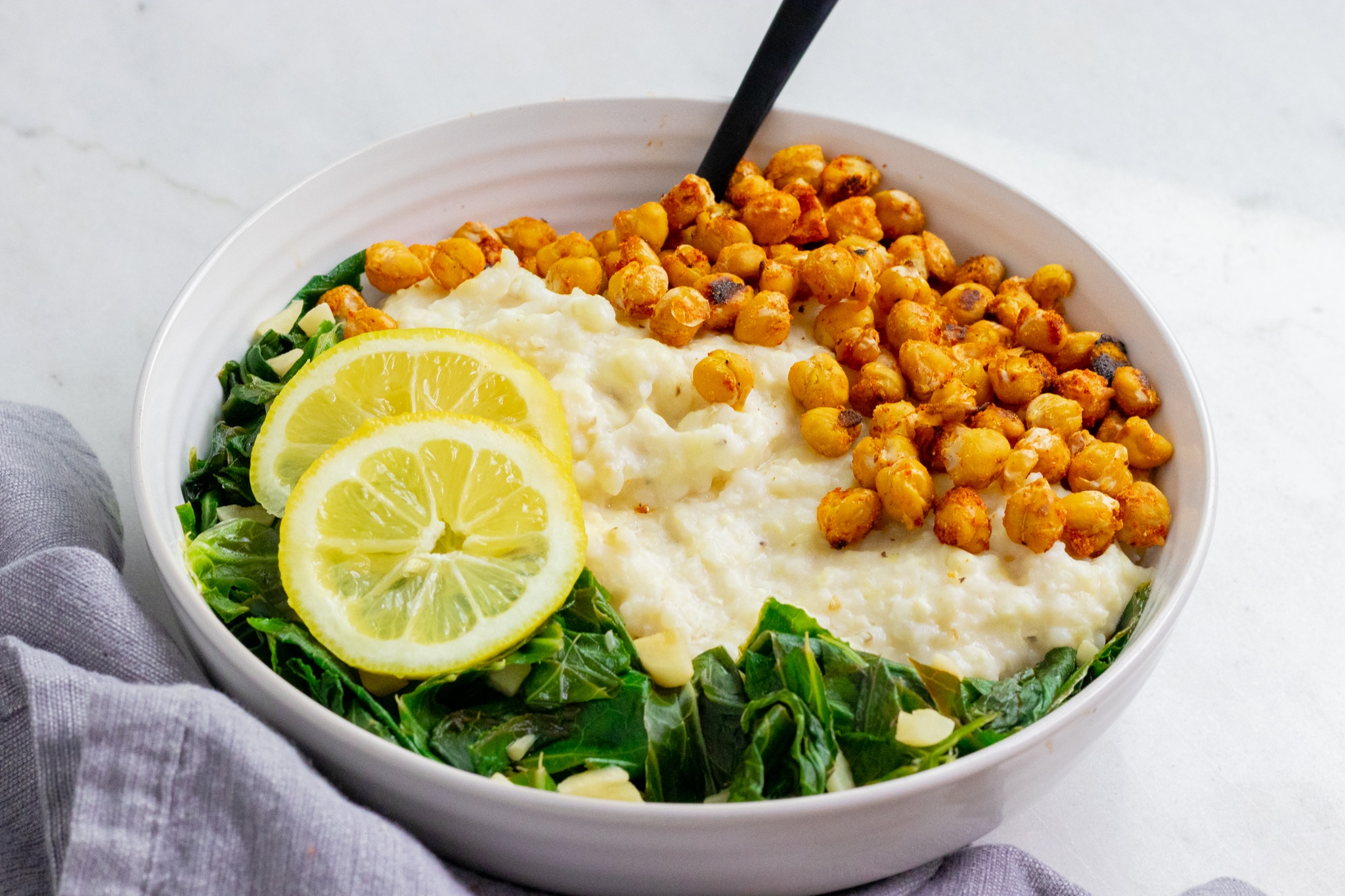 Vegan Cheesy Grits with Crispy Chickpeas