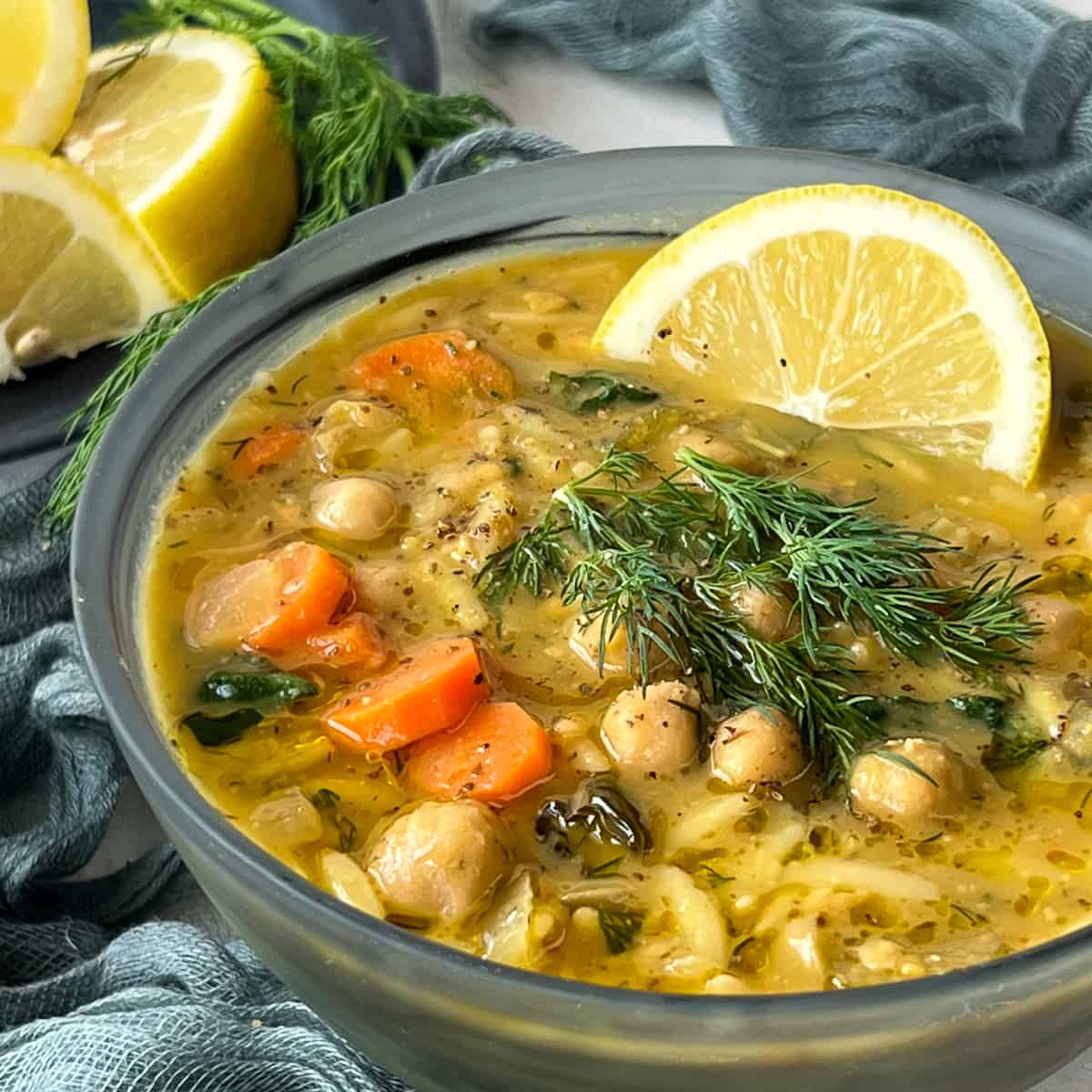 Lemony chickpea and orzo soup with kale and dill