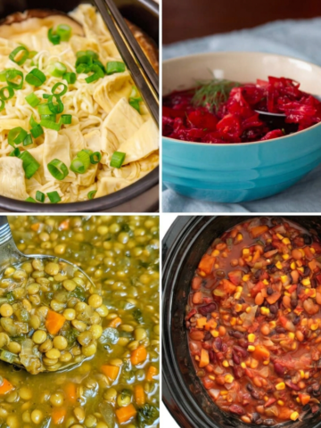Collage of four oil-free vegan soups and stews
