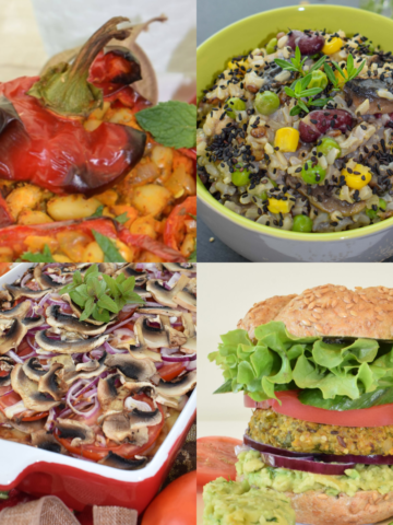 Collage of four oil-free vegan dinners