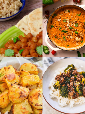 Collage of four oil-free vegan one-pot mains