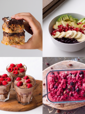 Collage of four raw vegan desserts for social media