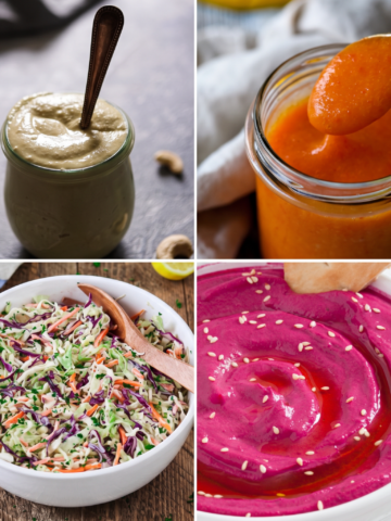 Collage of four oil-free vegan sauces and dips