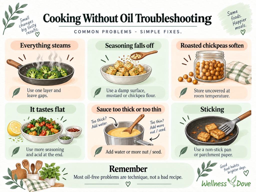 Oil free cooking troubleshooting for food that sticks, will not brown or tastes flat