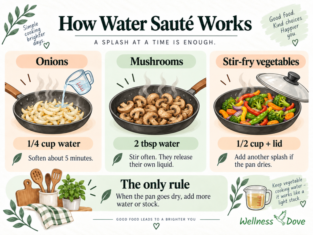 Water sauteing guide with how much water to add and when, instead of oil