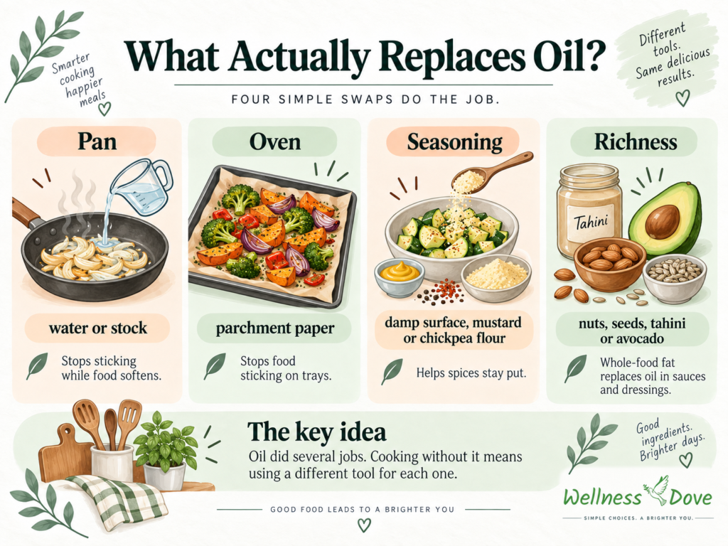 What replaces oil in the pan, in the oven, for seasoning and for richness