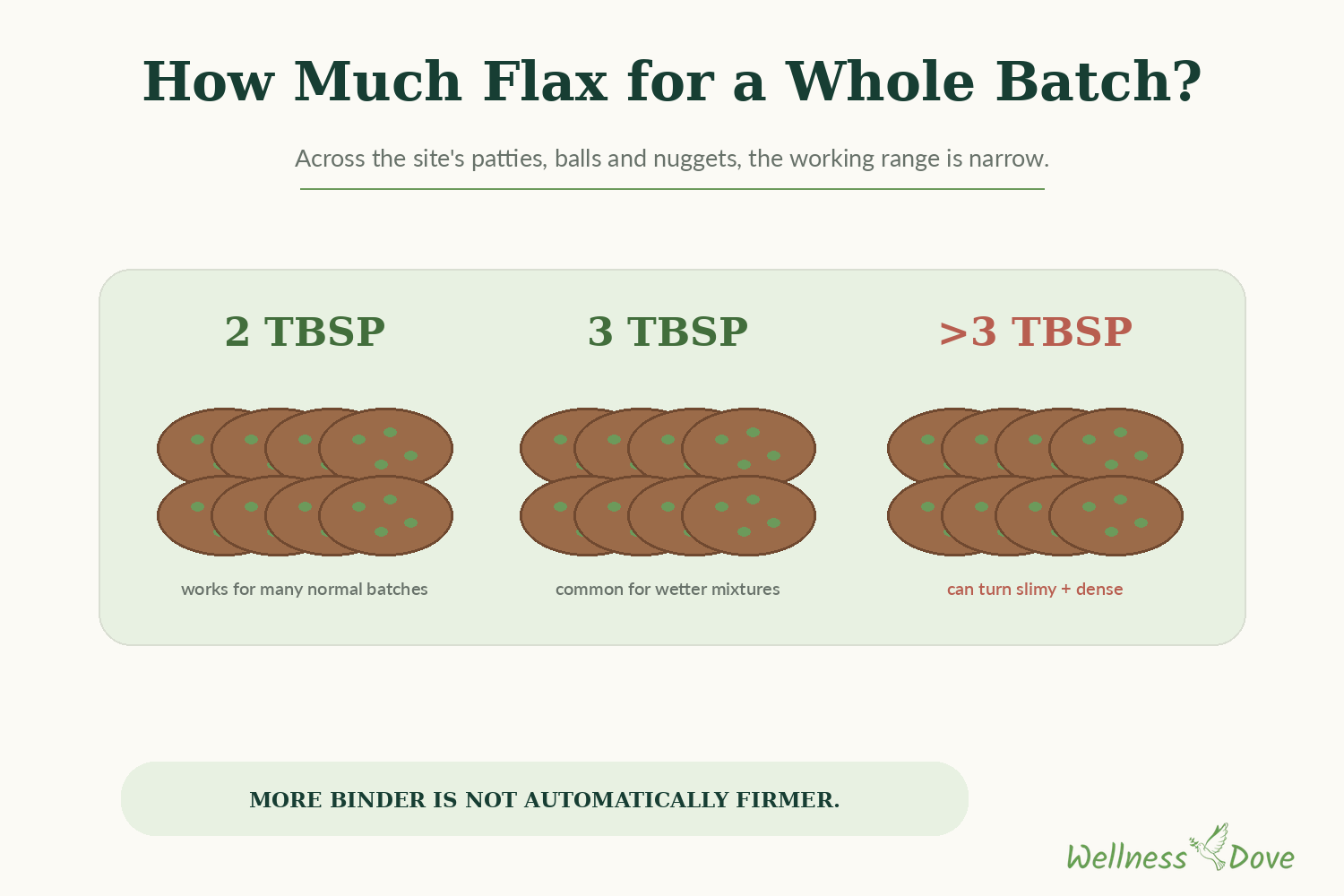 How much ground flaxseed for a whole batch: 2 to 3 tablespoons works for most trays, more than 3 can turn slimy and dense