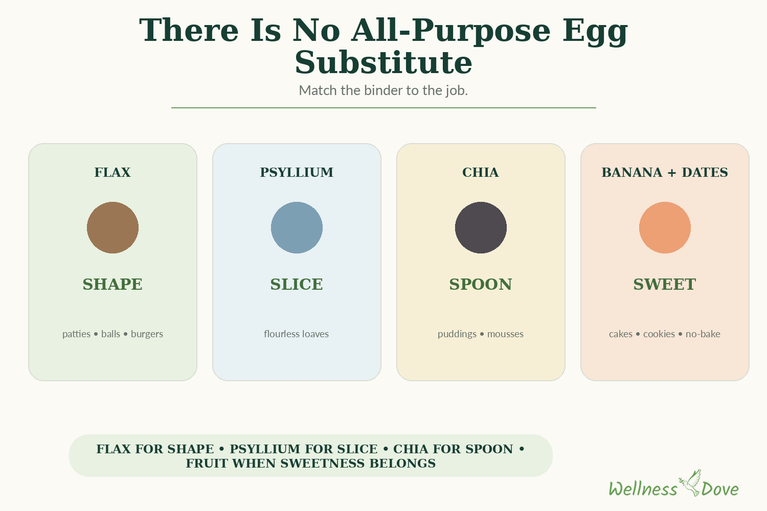 There is no all-purpose egg substitute: flax for shape, psyllium for slice, chia for spoon, banana or dates for sweet