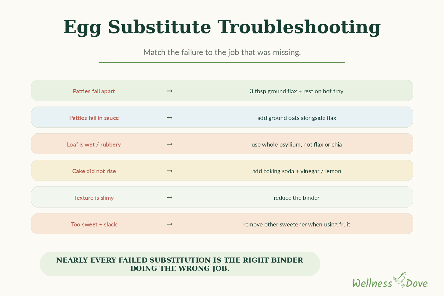 Egg substitute troubleshooting table matching each failure to the binder job that was missing