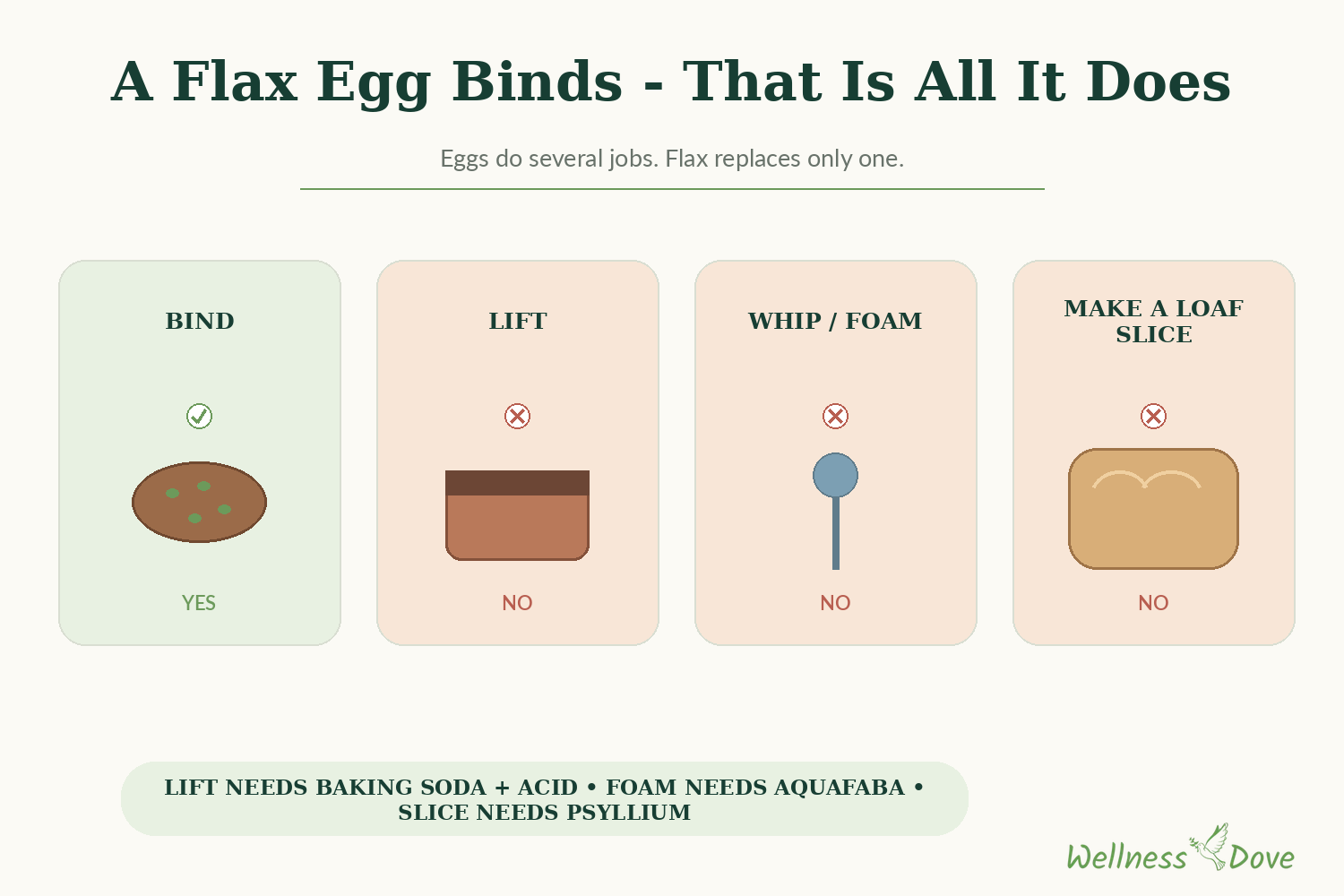 A flax egg only binds: it will not lift, whip, or hold a loaf together