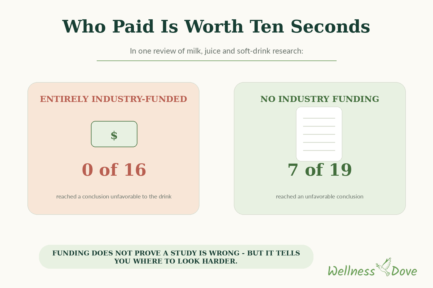 Chart comparing nutrition study conclusions by funding source, industry-funded versus independently funded