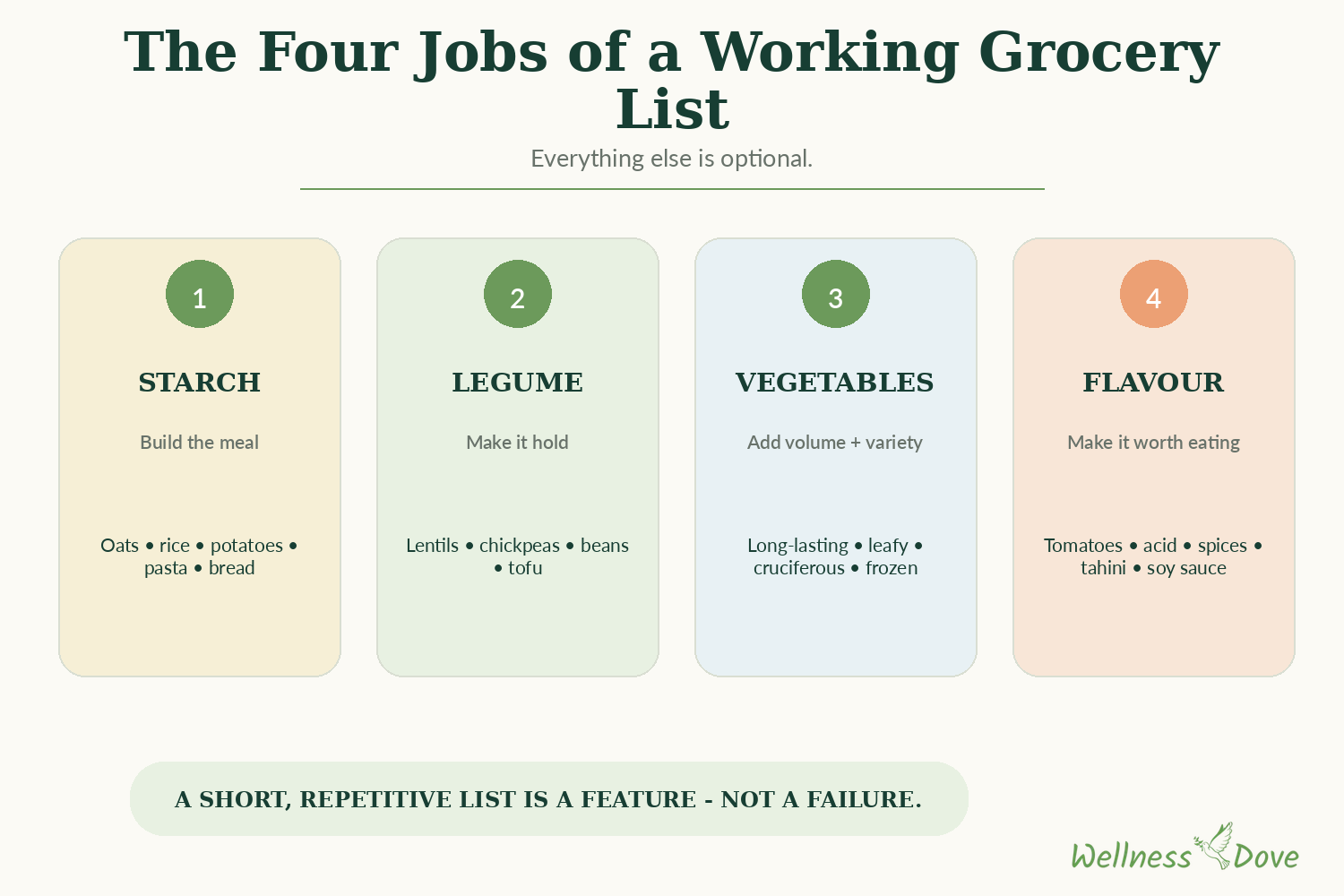 The four jobs a plant-based grocery list needs to fill