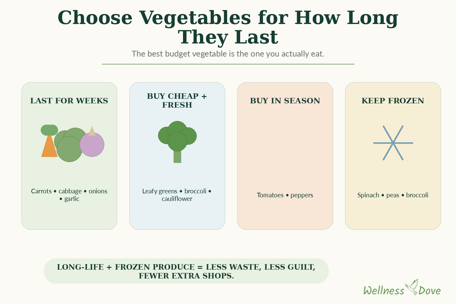 Vegetables chosen for how long they last, on a plant-based grocery list