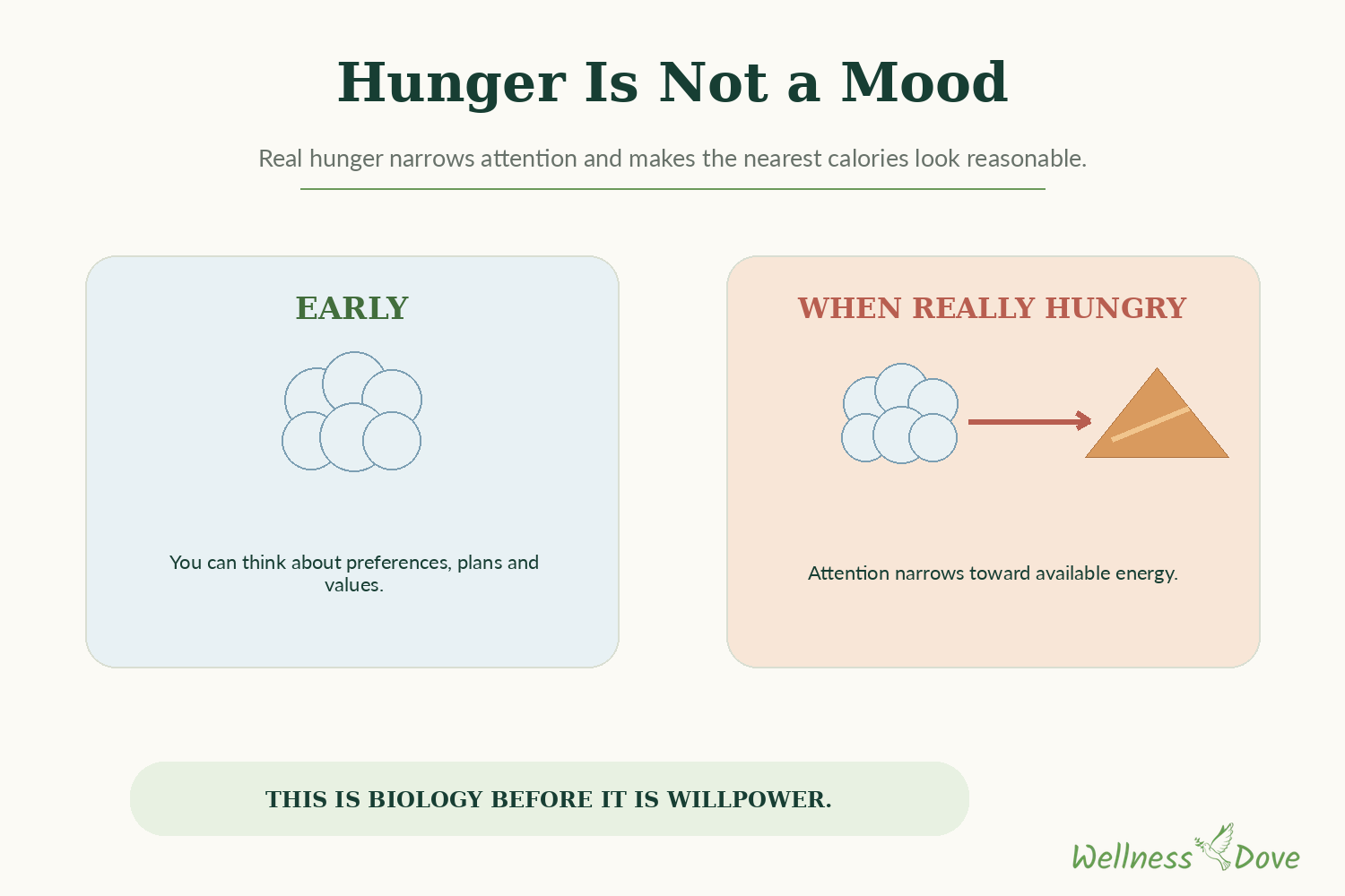 How real hunger narrows attention from preferences and plans toward the nearest available calories