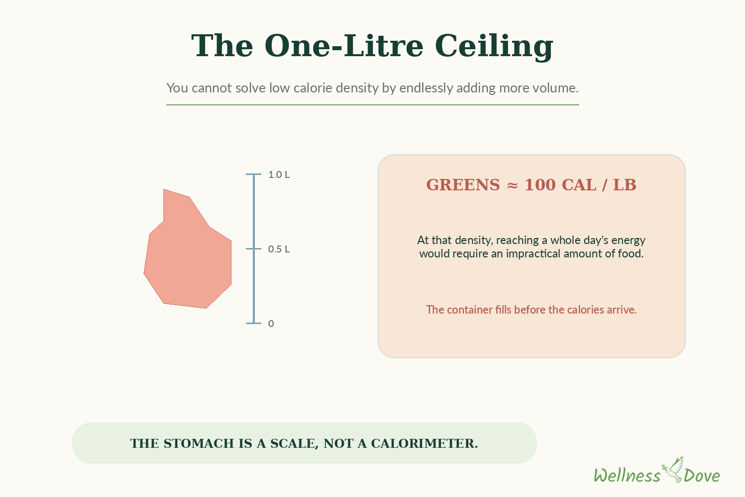 The one-liter stomach ceiling: greens at about 100 calories a pound fill the stomach before the calories arrive
