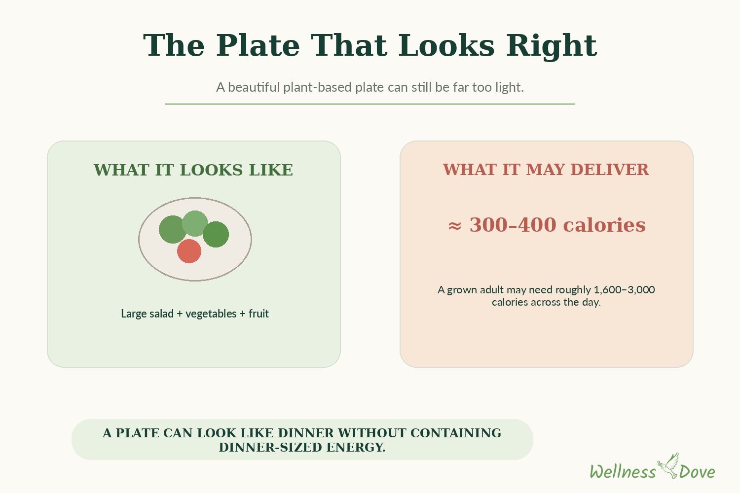 A plant-based plate of salad, vegetables and fruit that looks like dinner but delivers only about 300 to 400 calories
