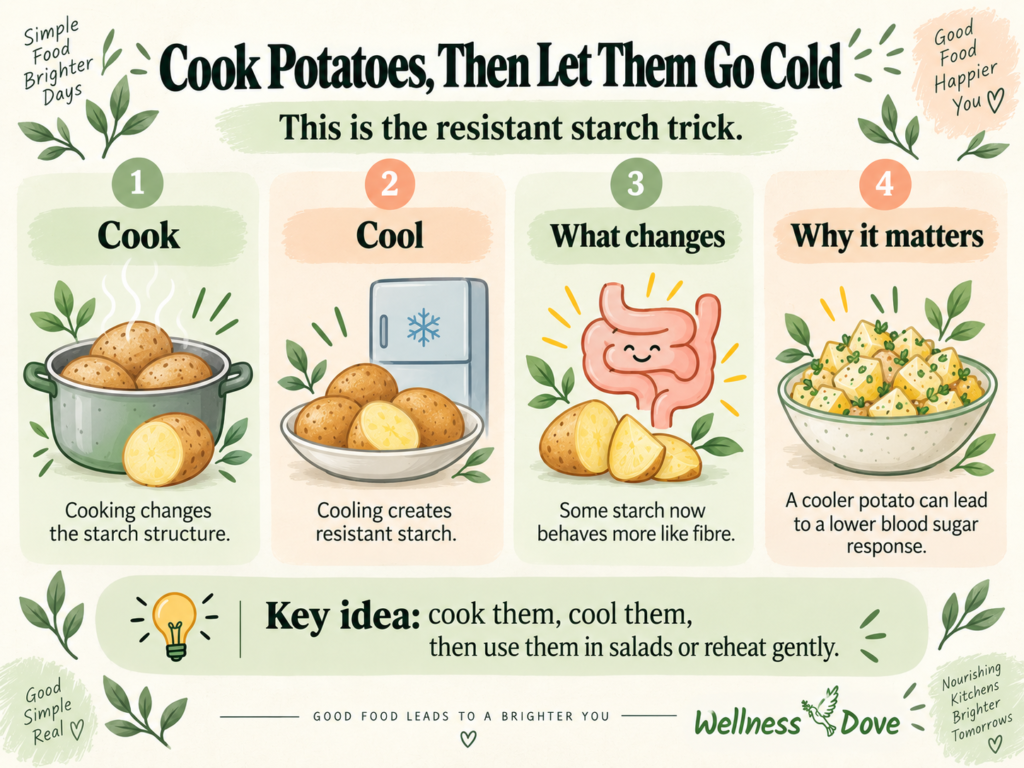 Diagram of how cooling a cooked potato turns some of its starch into resistant starch