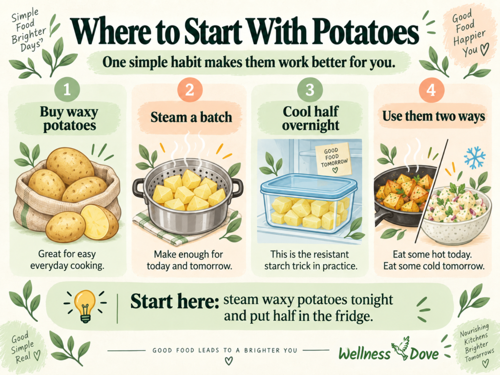 How to start the cook and cool routine: steam potatoes tonight, eat half cold tomorrow