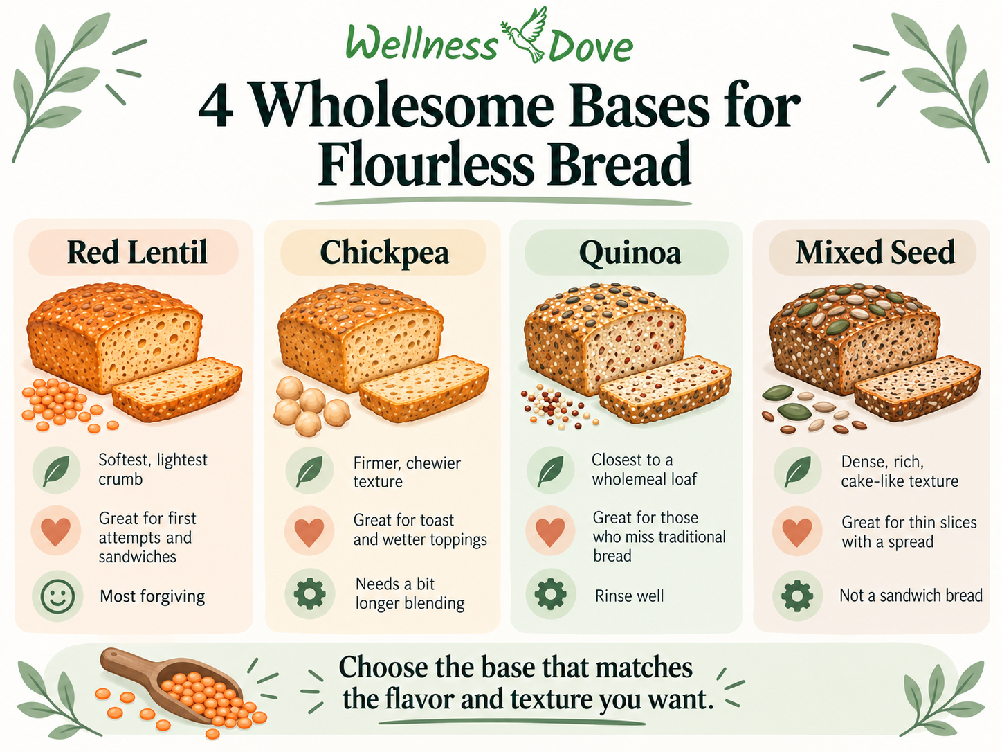 Four bases for flourless bread: red lentil, chickpea, quinoa, and mixed seed, compared by texture and best use