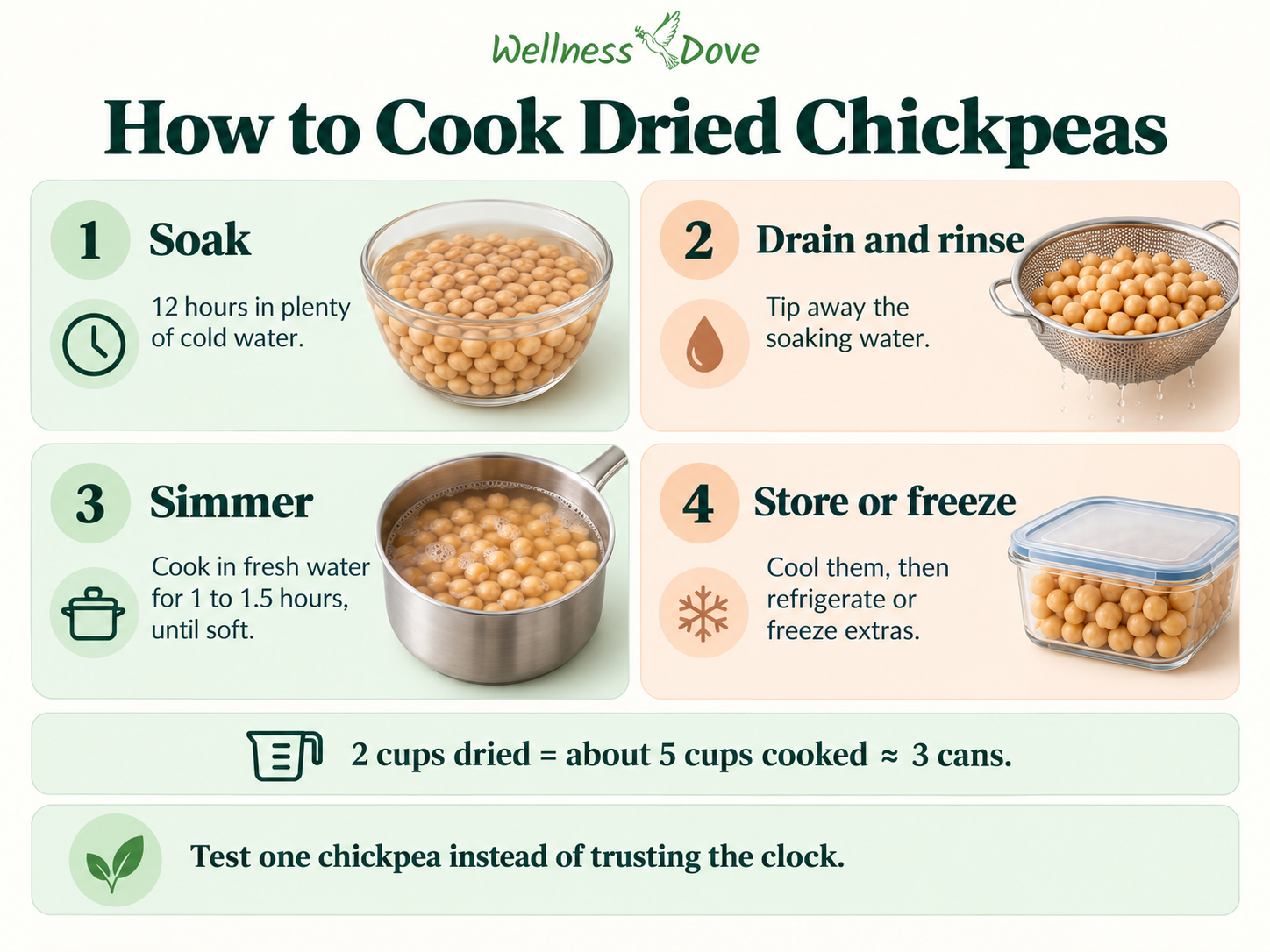 How to cook dried chickpeas: soak 12 hours, drain and rinse, simmer 1 to 1.5 hours, then store or freeze