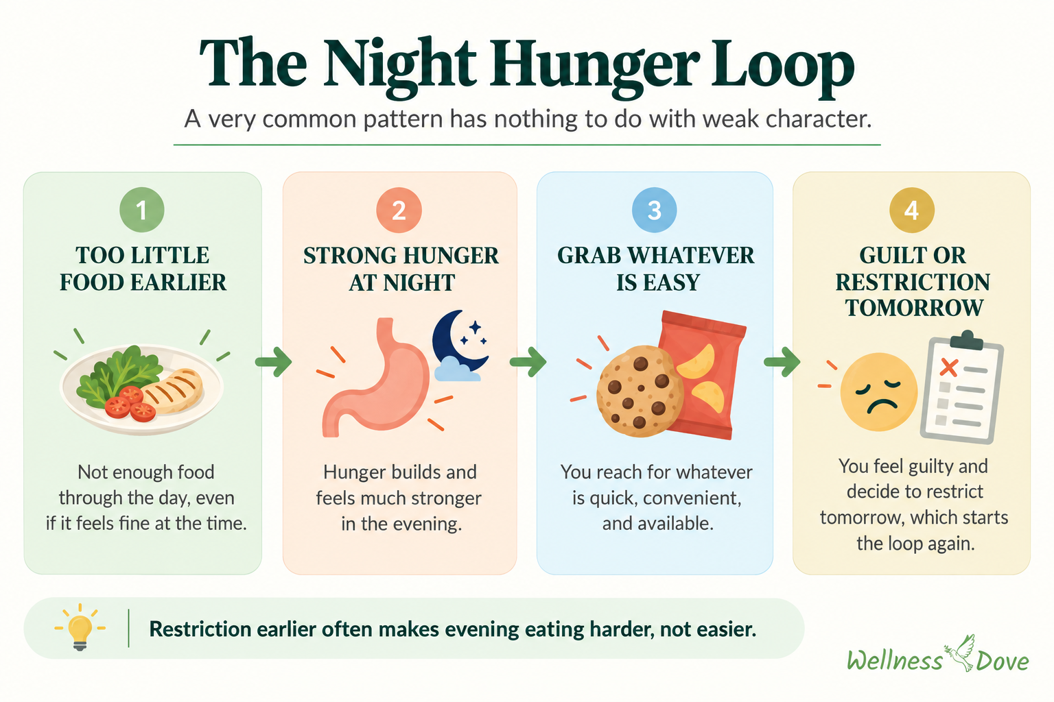 The night hunger loop from under-eating earlier to stronger hunger and restriction the next day