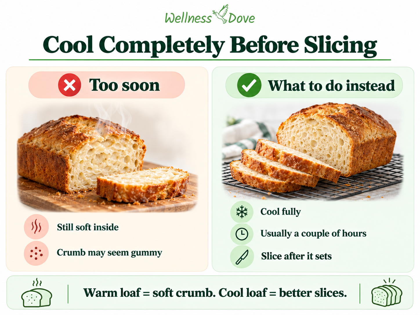 Why flourless bread should cool completely before slicing so the crumb can set