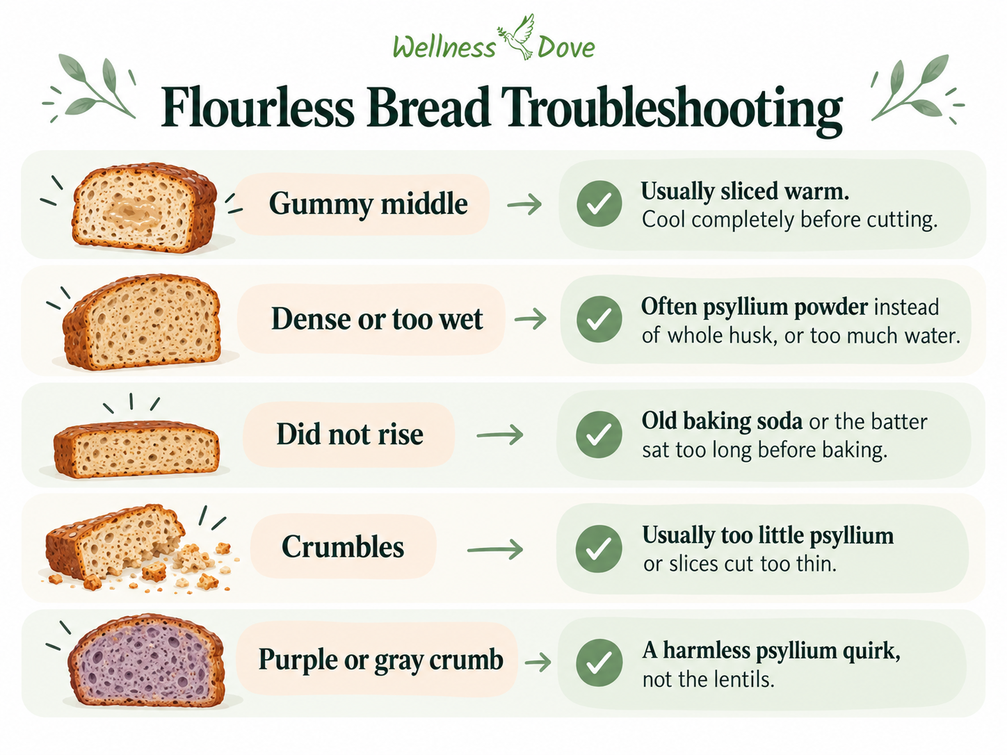 Flourless bread troubleshooting for gummy, wet, flat, crumbly, or purple-gray loaves