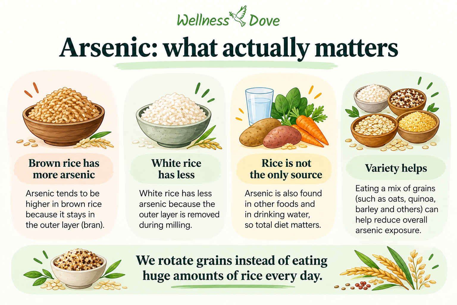 Arsenic in brown and white rice infographic showing why brown rice carries more and why dietary variety matters