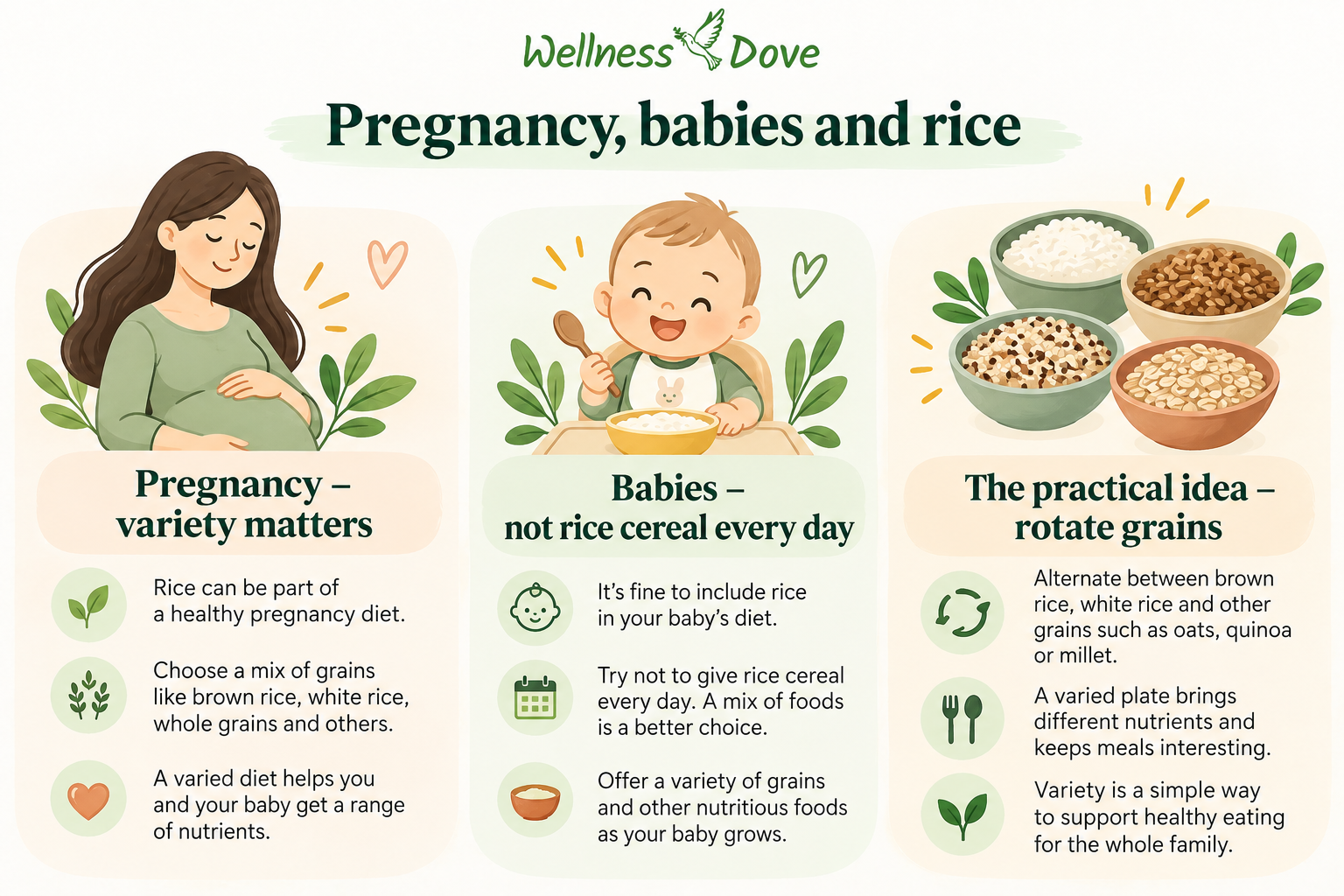 Rice during pregnancy and for babies infographic emphasizing grain variety and rotating infant cereals