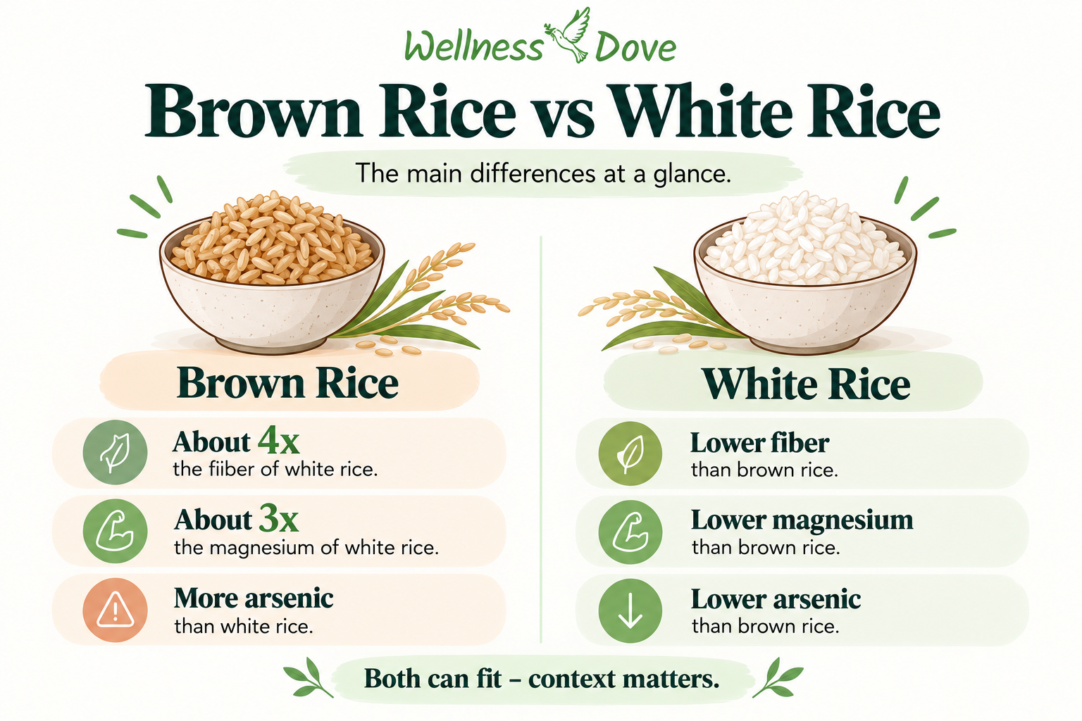 Brown rice vs white rice comparison showing fiber, magnesium and arsenic differences