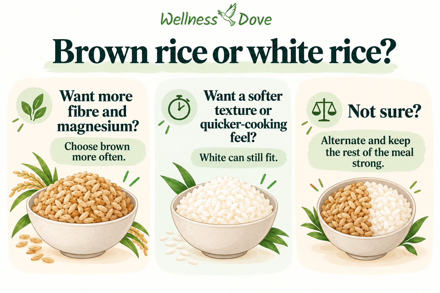 Which rice to choose infographic comparing brown rice, white rice and alternating grains