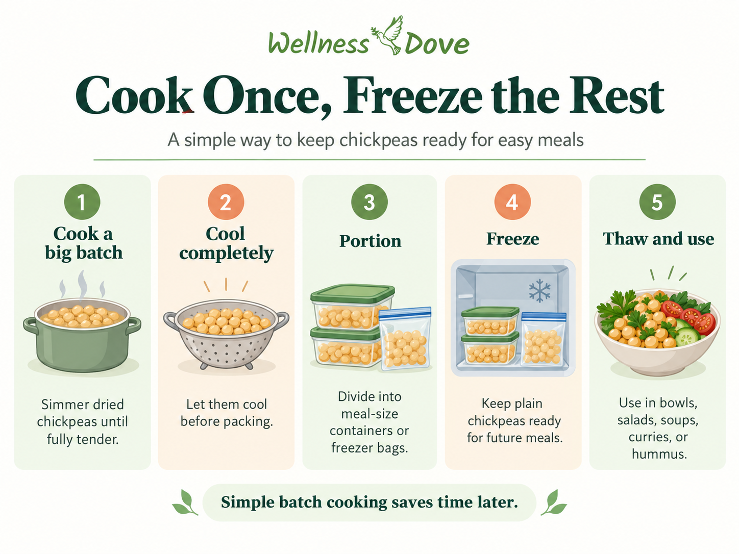 How to batch-cook chickpeas: cook a large batch, cool completely, portion, freeze, then thaw and use in future meals