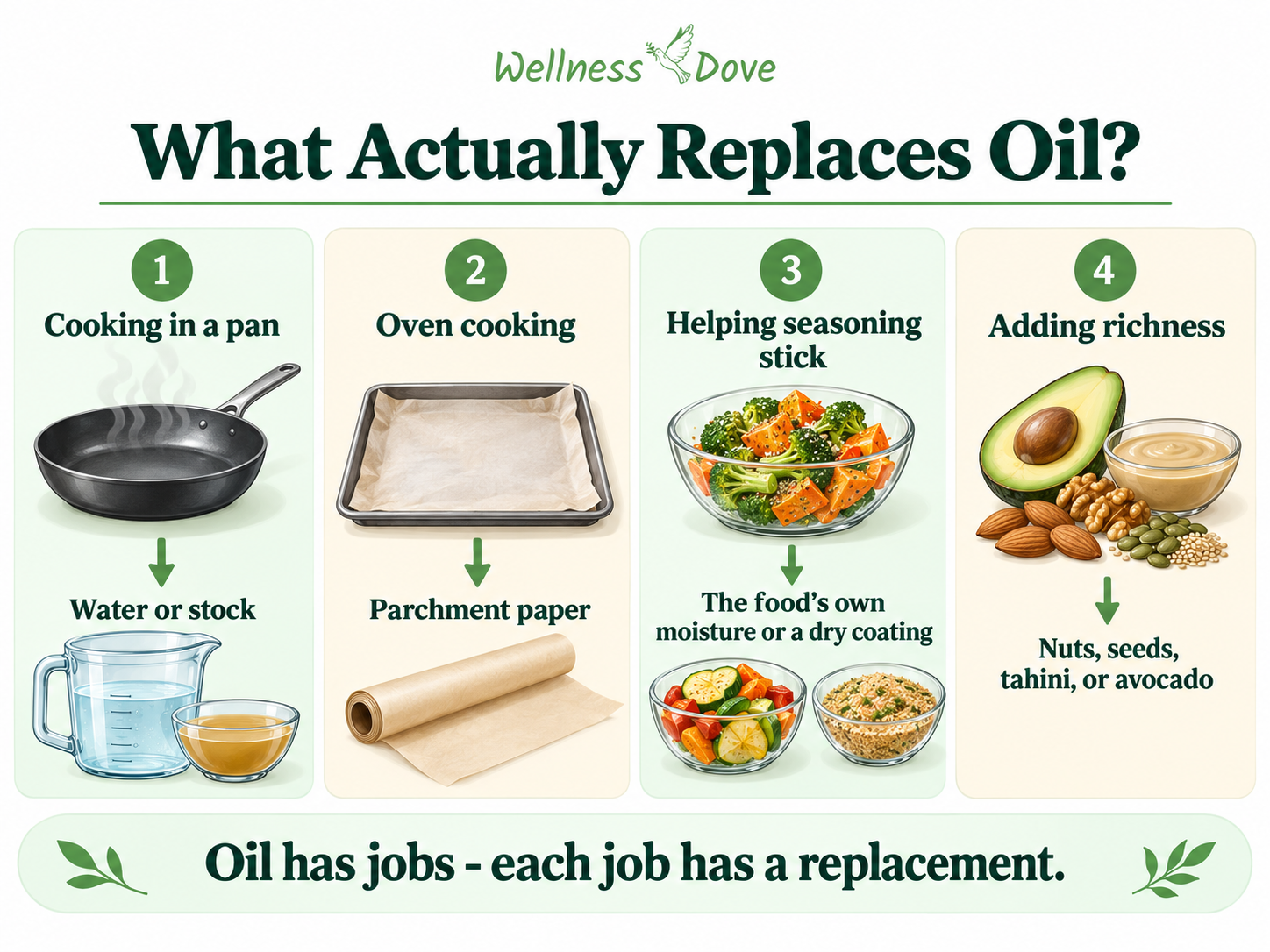 What replaces oil in cooking: water or stock for pans, parchment for baking, food moisture or dry coatings for seasoning, and whole-food fats for richness