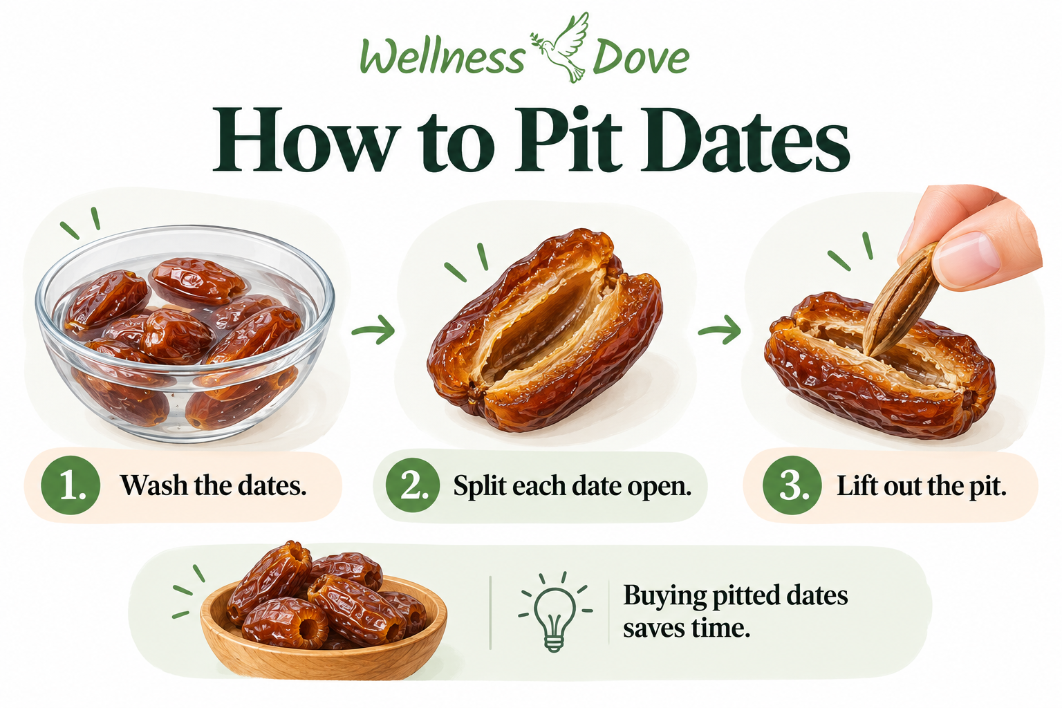 How to pit dates in three steps: wash, split open and remove the pit