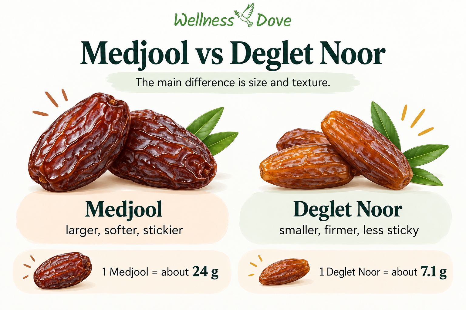 Medjool vs Deglet Noor dates comparison showing size, texture and typical weight per date