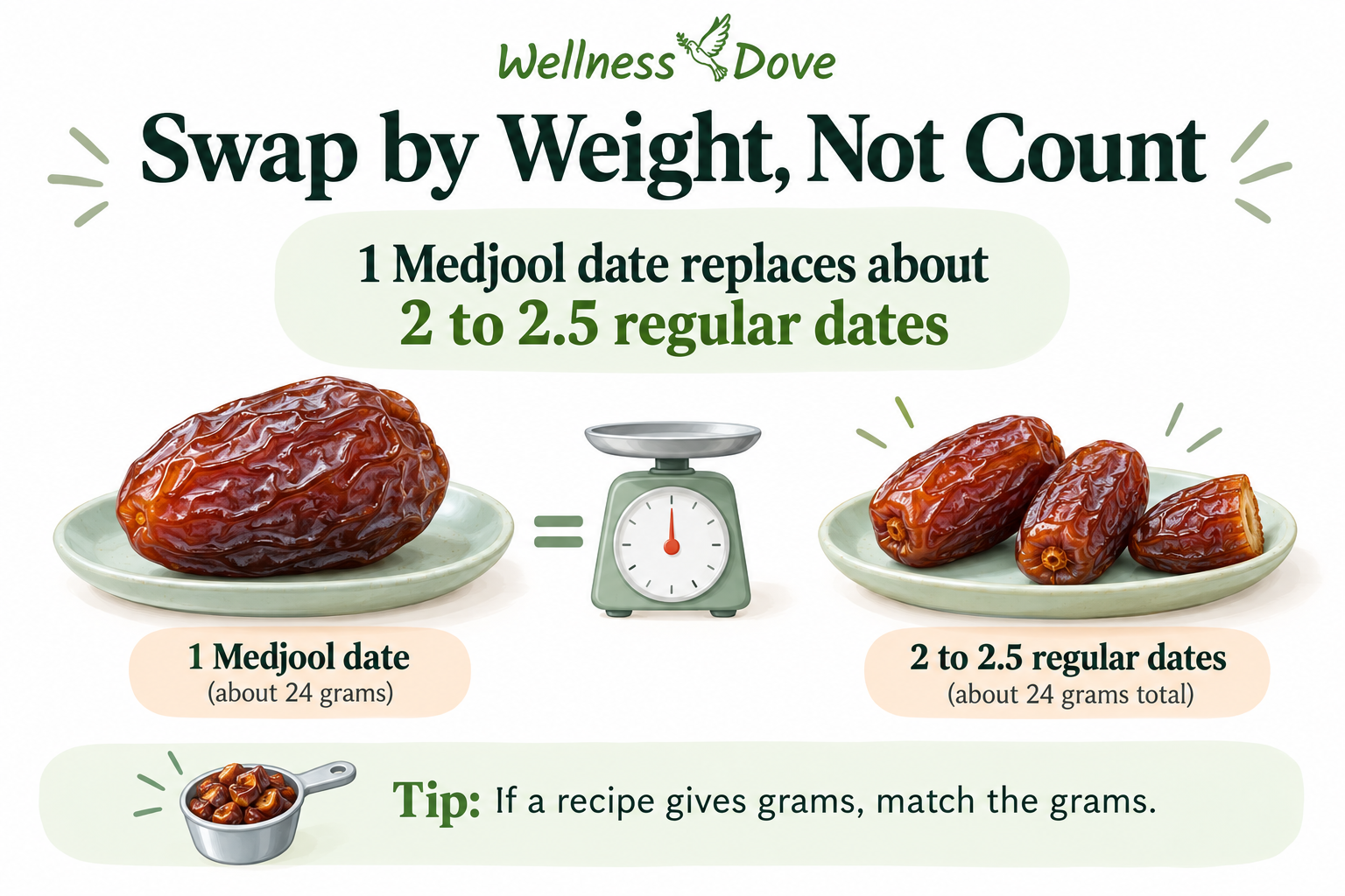 One Medjool date equals about 2 to 2.5 regular dates by weight