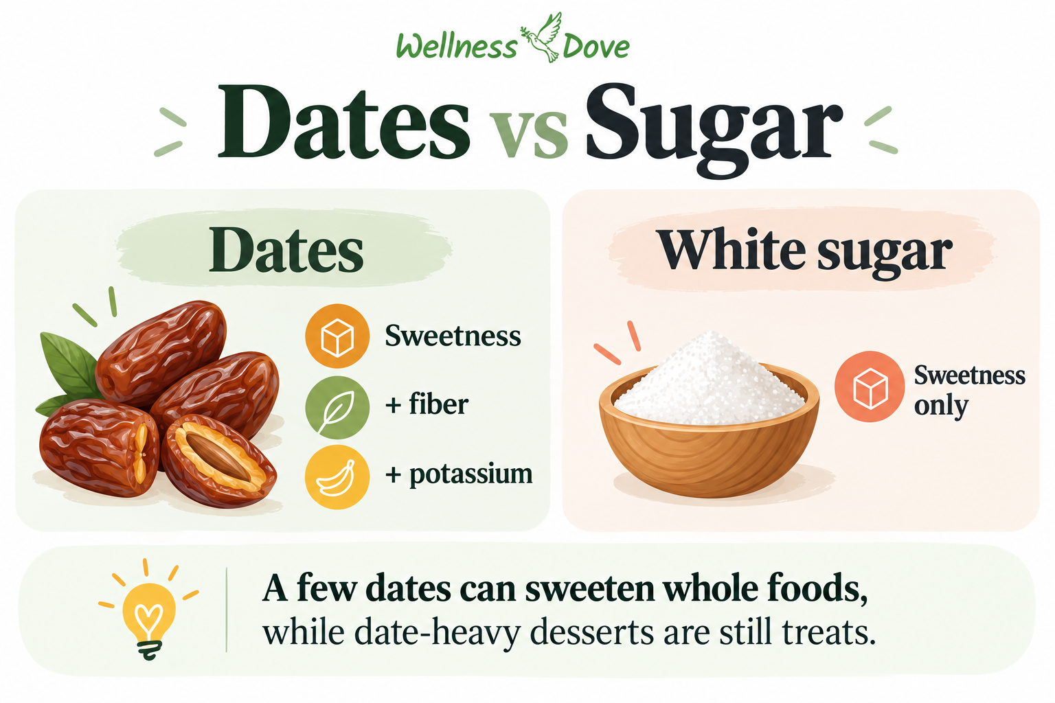 Dates vs white sugar comparison showing dates provide fiber and potassium while both add sweetness