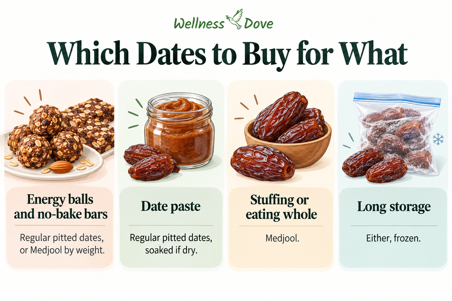 Which dates to buy for energy balls, date paste, eating whole and long-term storage