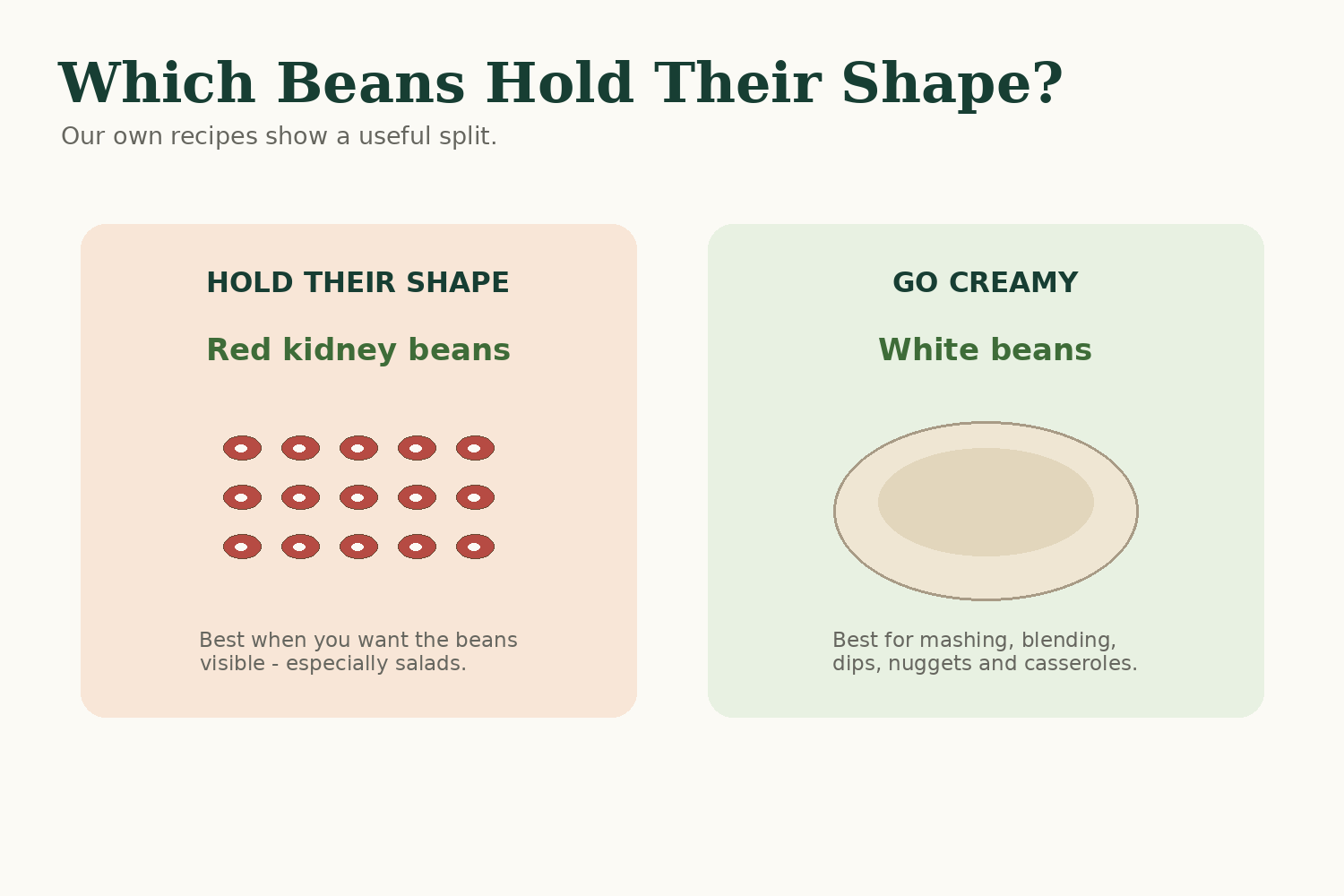 Red kidney beans hold their shape while white beans are better for mashing and blending