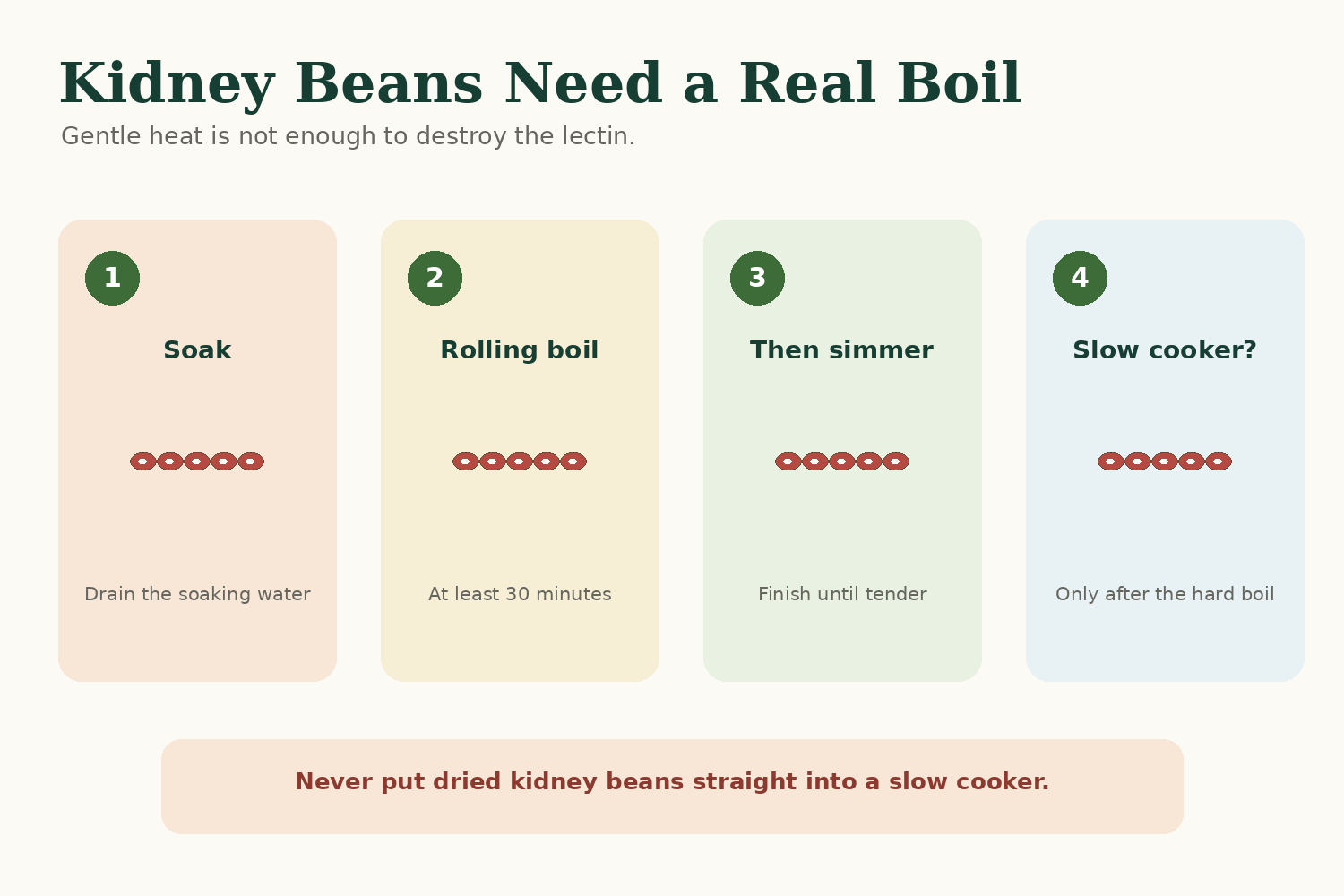 Kidney beans should be soaked, drained and brought to a rolling boil for at least 30 minutes before gentle cooking