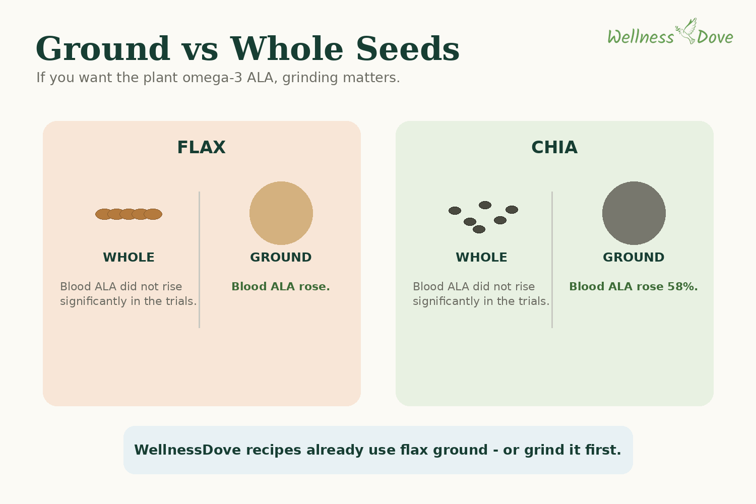 Ground vs whole flax and chia showing why grinding matters for plant omega-3 ALA absorption