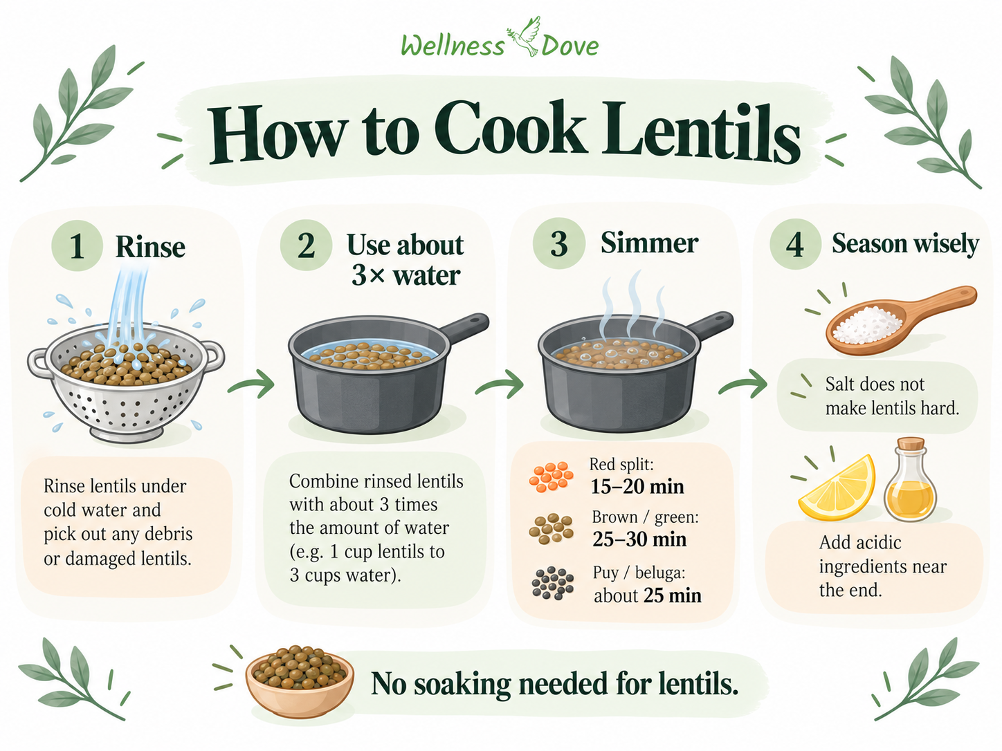 How to cook lentils: rinse, use about three times their volume of water, simmer, season with salt anytime and add acid near the end