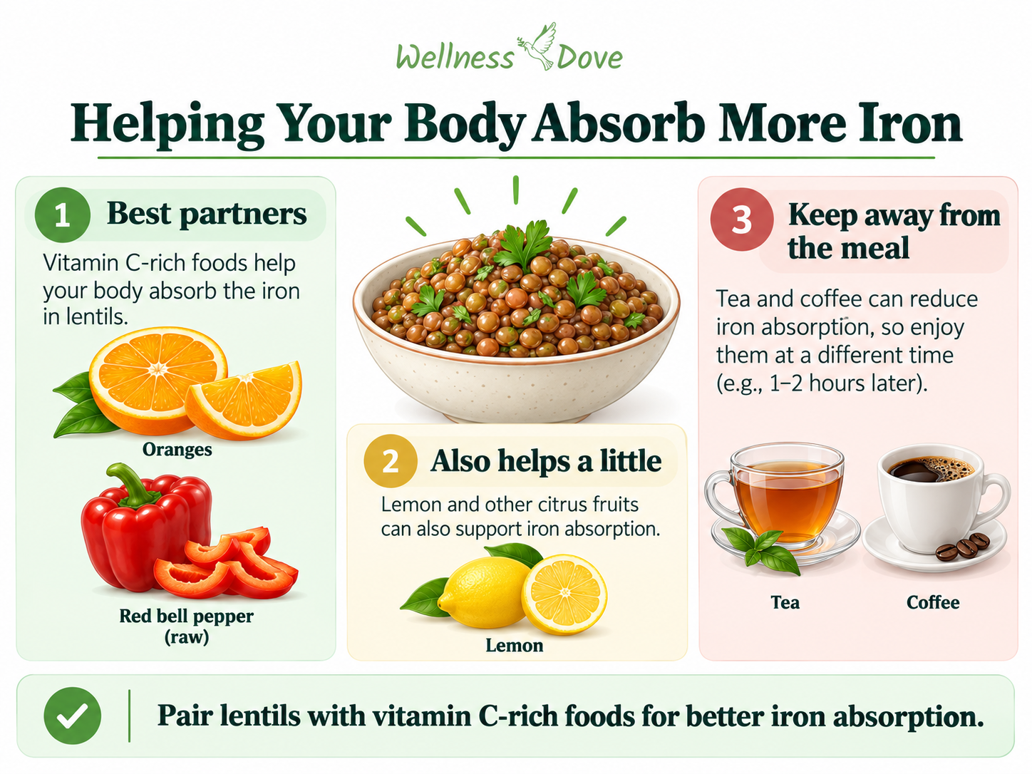 How to improve iron absorption from lentils by pairing them with vitamin C-rich foods and keeping tea and coffee away from the meal