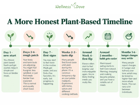 An honest plant-based diet timeline showing the early rough patch, the weeks 2 to 3 taste dip, and later adaptation