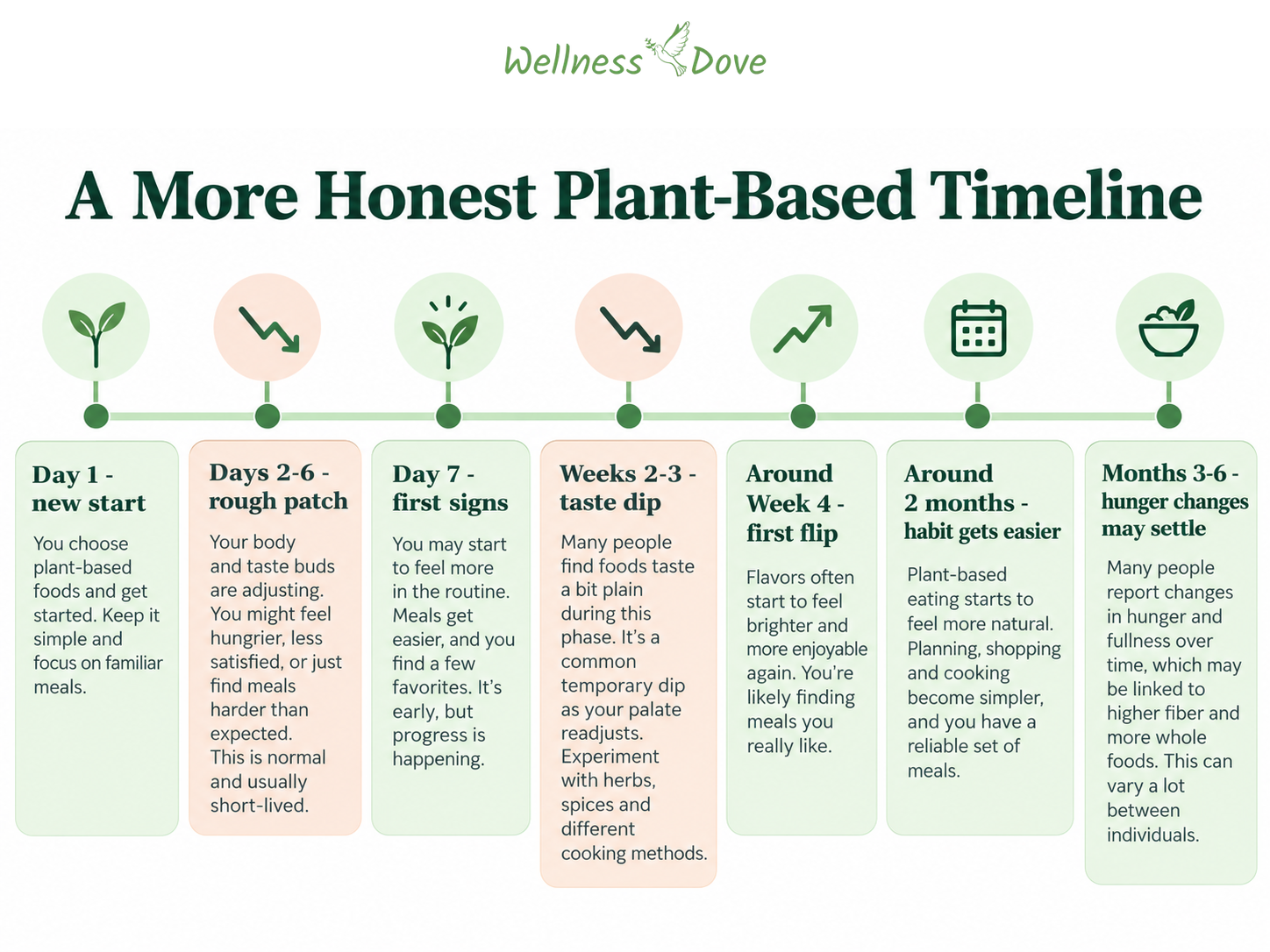 An honest plant-based diet timeline showing the early rough patch, the weeks 2 to 3 taste dip, and later adaptation