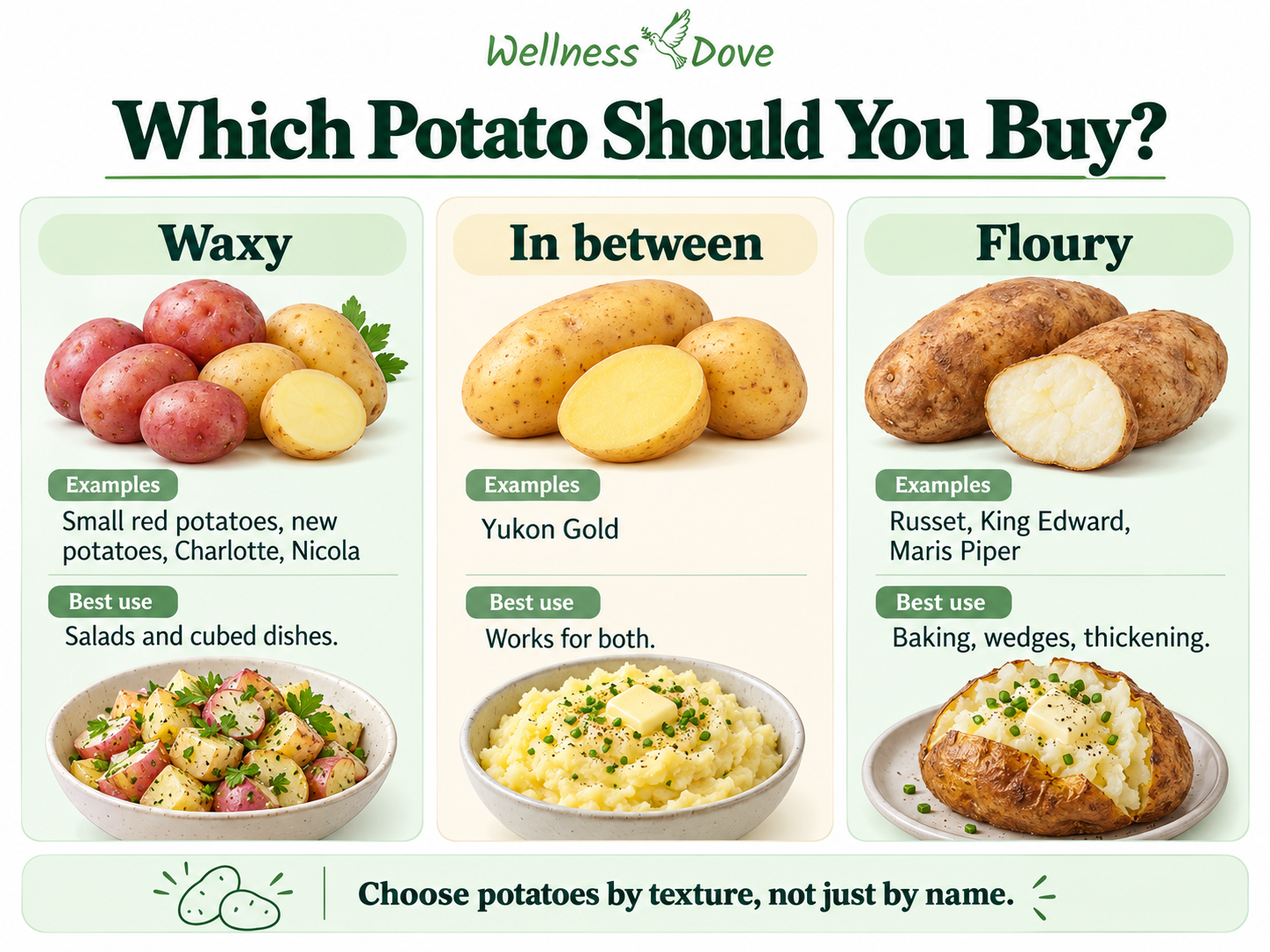 Potato texture guide comparing waxy potatoes, Yukon Gold as an in-between type, and floury potatoes