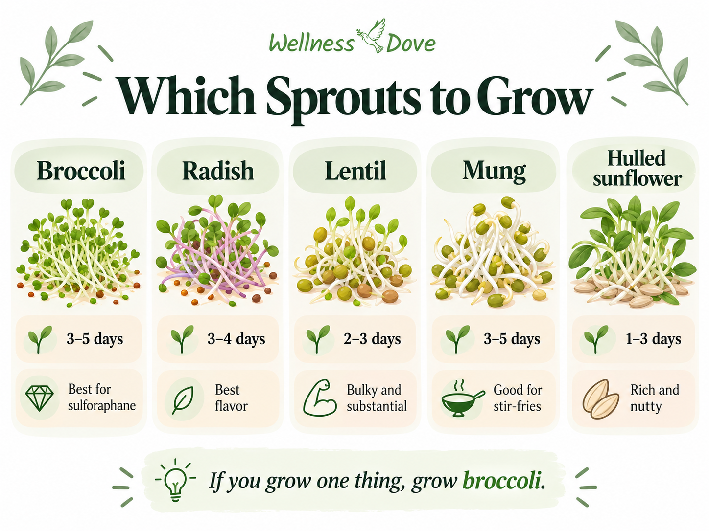 Which sprouts to grow and how long they take: broccoli 3 to 5 days, radish 3 to 4, lentil 2 to 3, mung 3 to 5, and hulled sunflower 1 to 3