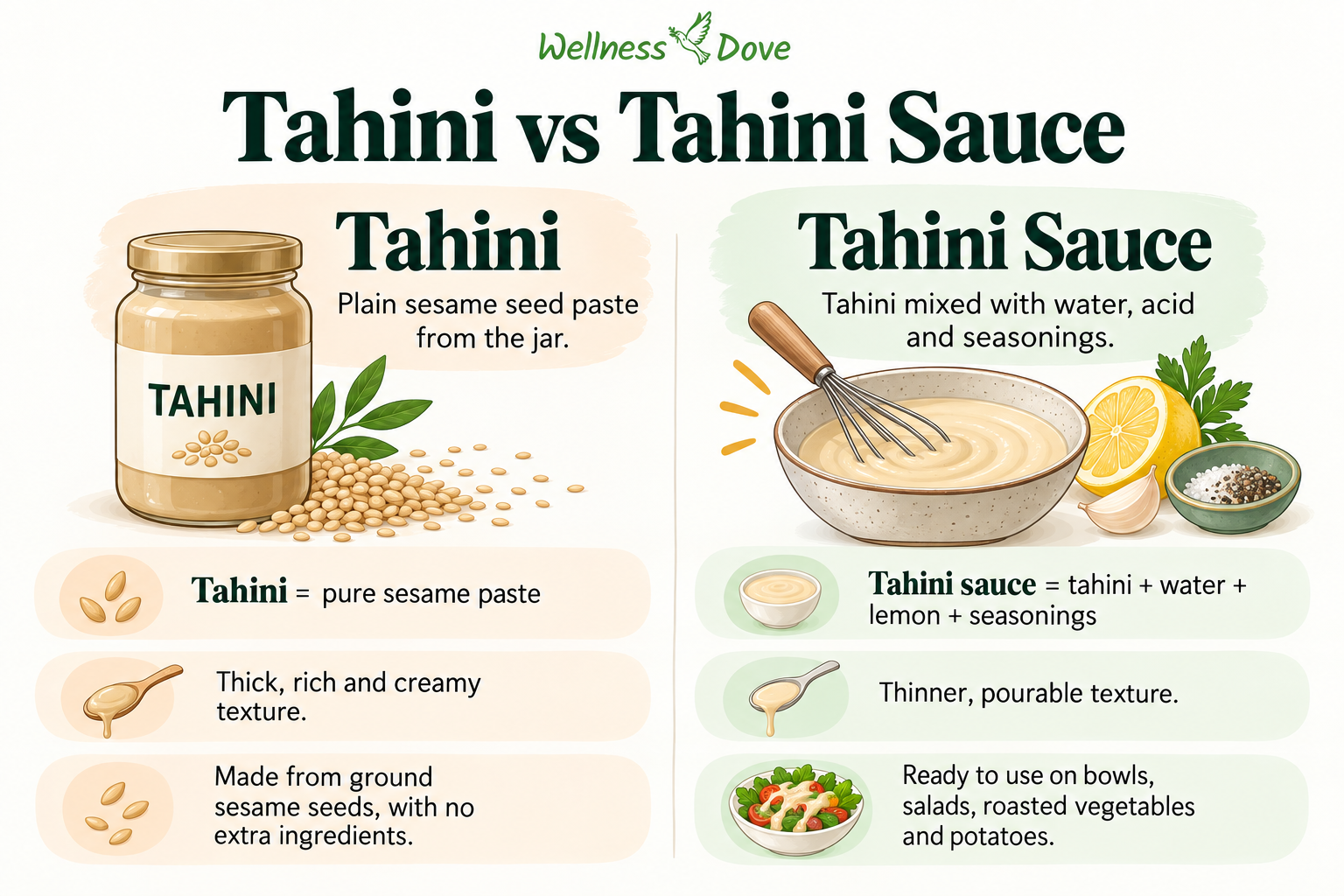 Tahini vs tahini sauce showing plain sesame paste compared with tahini mixed with citrus, garlic, water and seasoning