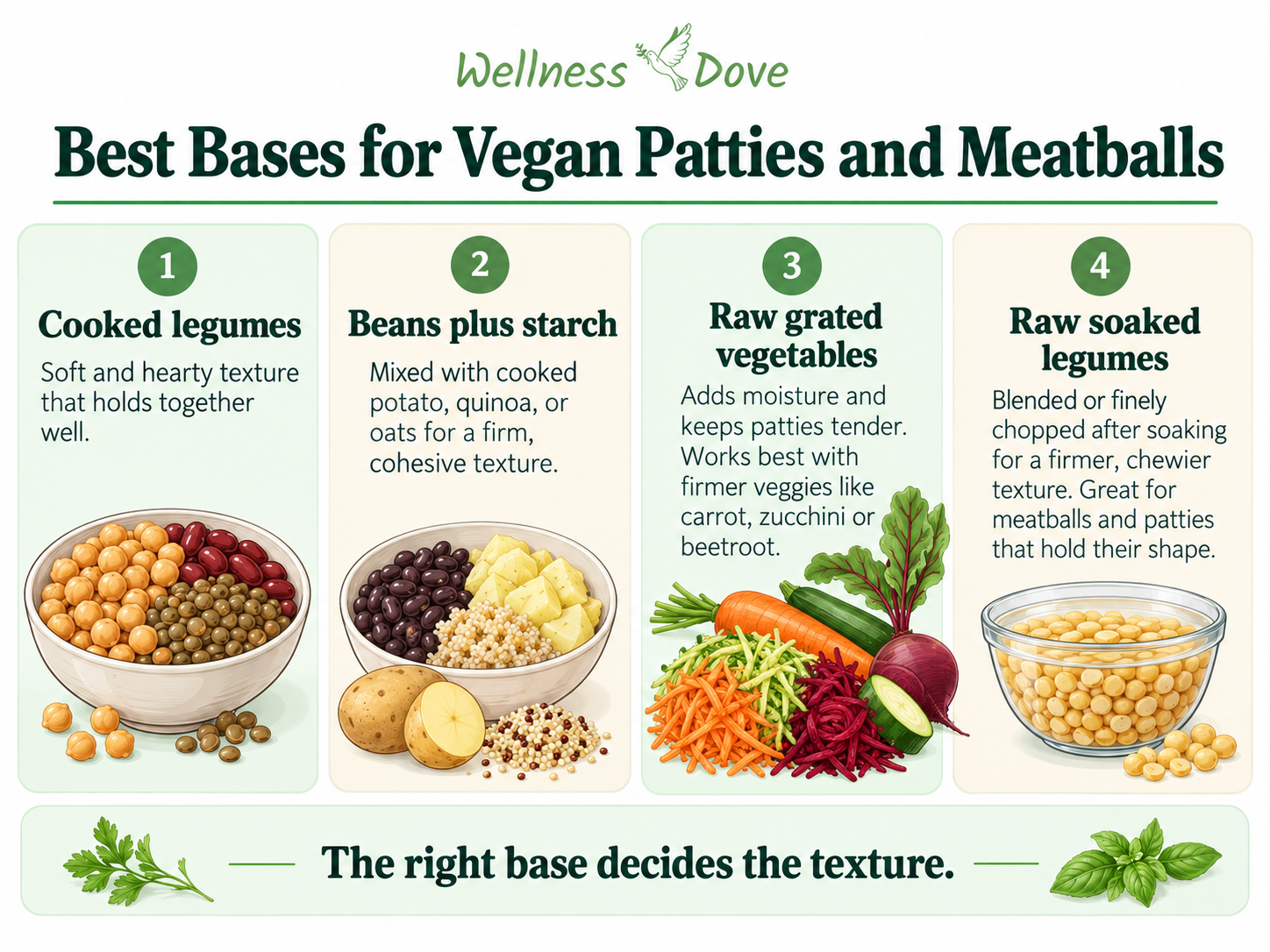 Best bases for vegan patties and meatballs: cooked legumes, beans plus starch, raw grated vegetables, and raw soaked legumes